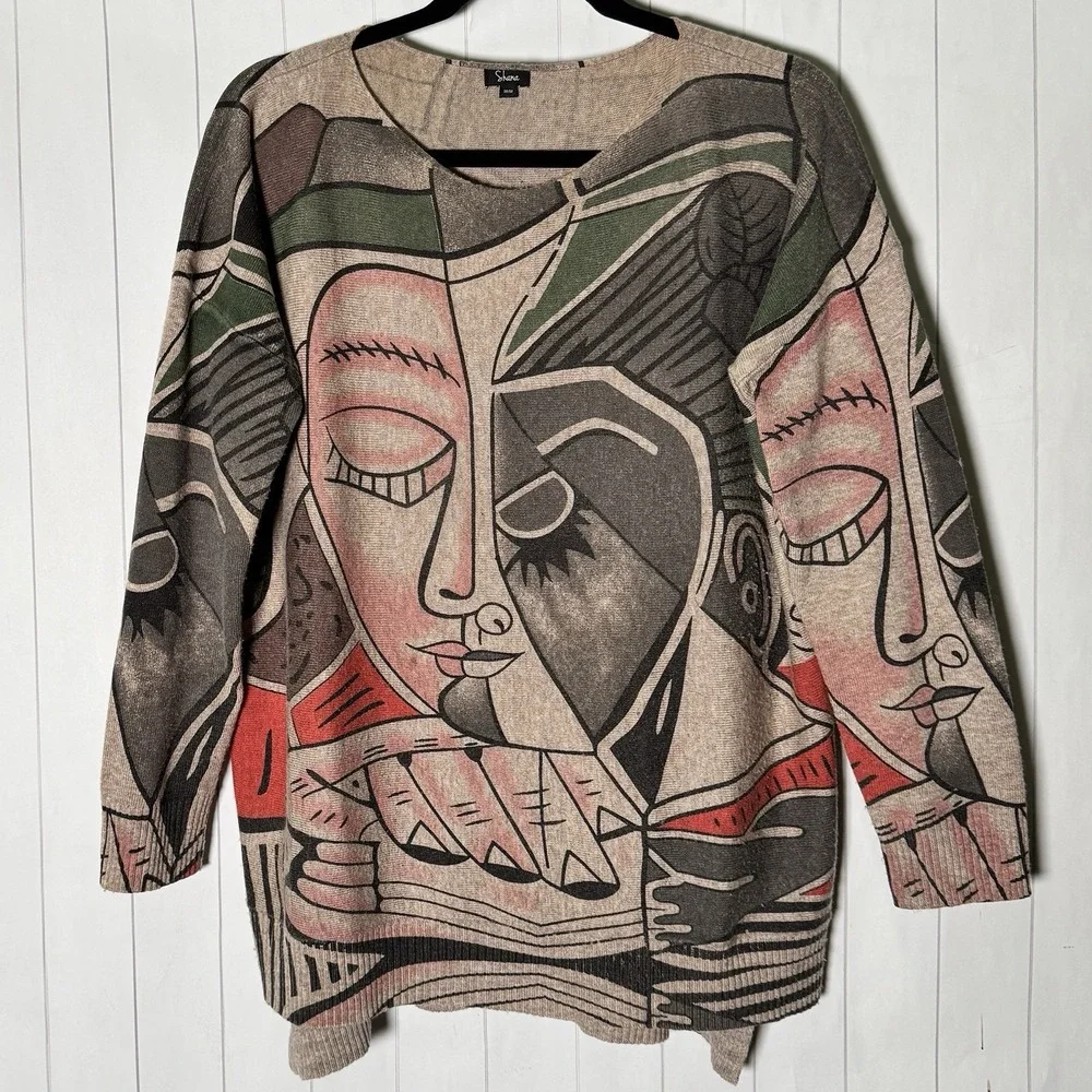 Shana Abstract Face Sweater Cozy Tunic‎ Art To Wear Chic Poet Picasso Inspired M